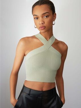 Babaton/Aritzia Ribbed Cross-Halter Crop Top in Sage Green